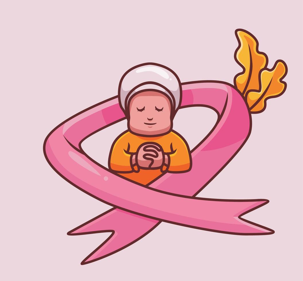 cancer du sein femme culte espoir symbole de ruban rose. dessin animé femme cancer concept illustration isolée. style plat adapté à la conception dicônes dautocollant vecteur de logo premium