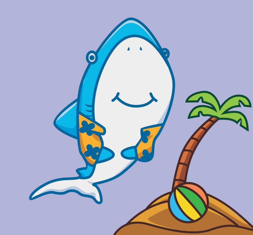 requin mignon prêt pour les vacances. dessin animé animal voyage vacances vacances été concept isolé illustration. style plat adapté au vecteur de logo premium de conception d'icône d'autocollant. personnage mascotte