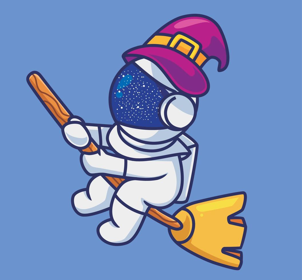 astronaute mignon volant avec un balai de sorcier. illustration d'halloween de dessin animé isolé. style plat adapté au vecteur de logo premium de conception d'icône d'autocollant. personnage mascotte