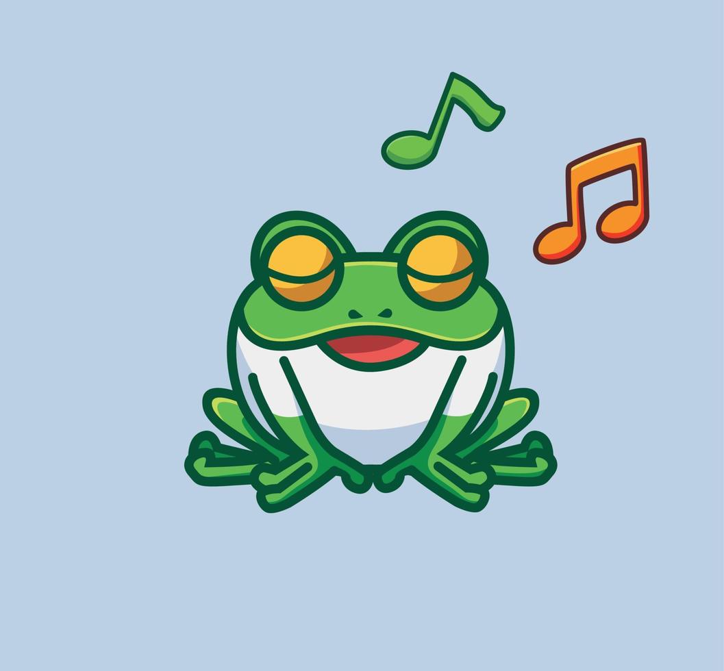 jolie grenouille qui chante. illustration isolée de concept de nature animale de dessin animé. style plat adapté au vecteur de logo premium de conception d'icône d'autocollant. personnage mascotte