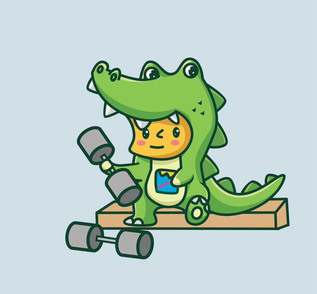 joli costume de bébé crocodile soulevant des haltères. illustration isolée de concept de sports d'animaux de dessin animé. style plat adapté au vecteur de logo premium de conception d'icône d'autocollant. personnage mascotte