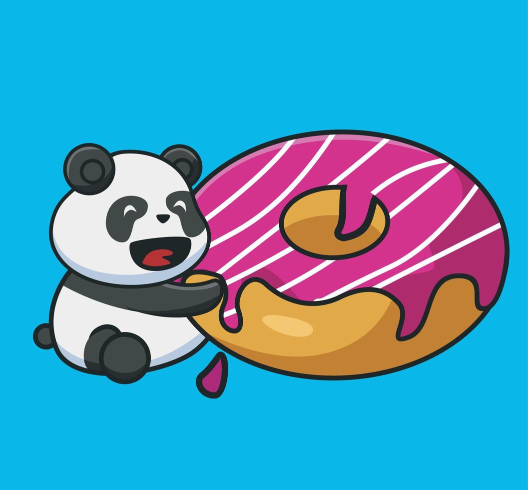 dessin animé mignon bébé panda mangeant un beignet au goût de fraise a l'air très heureux comme un enfant. illustration isolée de concept de nourriture de dessin animé. style de dessin animé plat adapté à la conception d'icône d'autocollant vecteur de logo premium