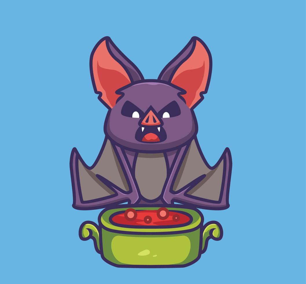 vampire chauve-souris mignon buvant un sang sur un bol. dessin animé animal halloween événement concept illustration isolée. style plat adapté au vecteur de logo premium de conception d'icône d'autocollant. personnage mascotte