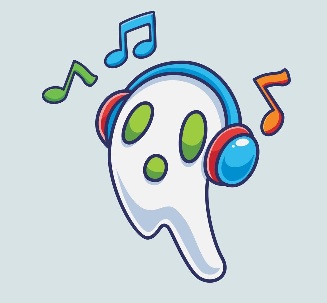 fantôme mignon écoutant la musique avec un casque. illustration d'halloween de dessin animé isolé. style plat adapté au vecteur de logo premium de conception d'icône d'autocollant. personnage mascotte