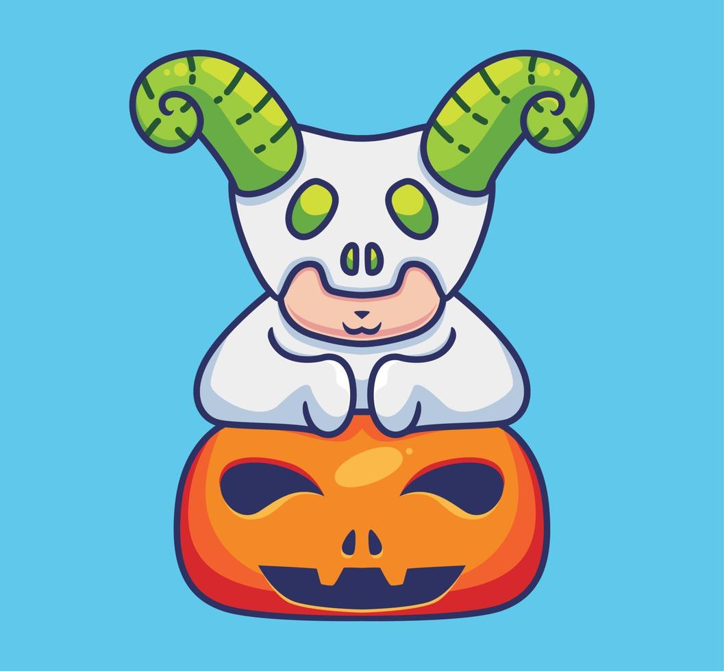 démon mignon à cornes sur une citrouille. illustration d'halloween de dessin animé isolé. style plat adapté au vecteur de logo premium de conception d'icône d'autocollant. personnage mascotte