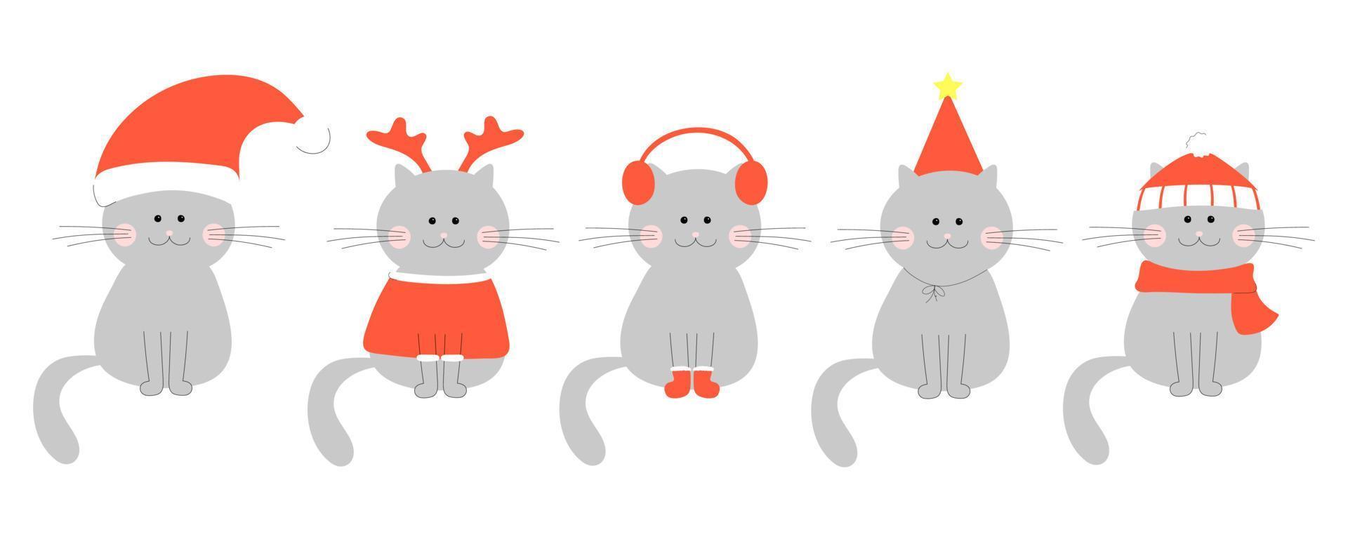 chats mignons pour le jour de noël et le nouvel an. ensemble de chats en vêtements d'hiver rouges vecteur