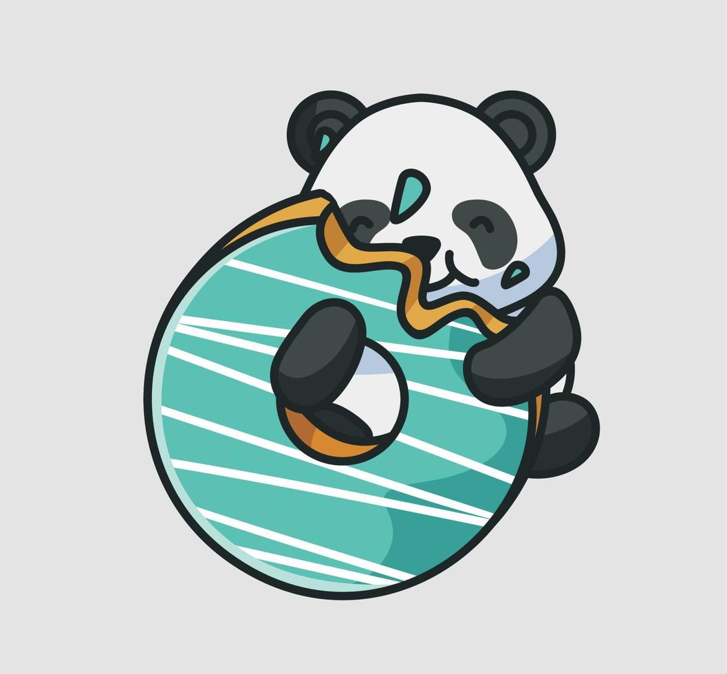 panda mignon mangeant des beignets. illustration isolée de concept de nourriture pour animaux de dessin animé. style plat adapté au vecteur de logo premium de conception d'icône d'autocollant. personnage mascotte