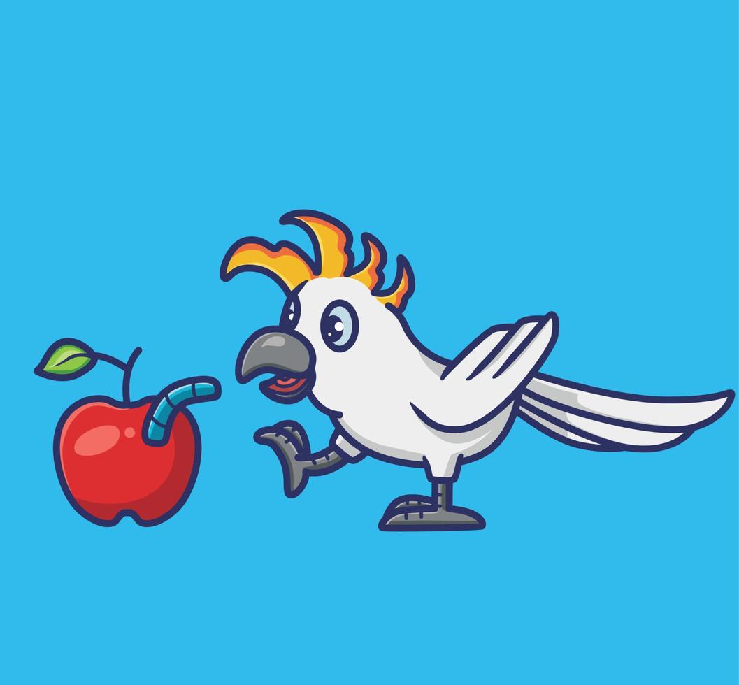perroquet mignon trouvé pomme fruit avec un ver nourriture ceterpillar. icône d'illustration de style dessin animé plat animal mascotte de logo vectoriel premium adapté au caractère de bannière de conception web