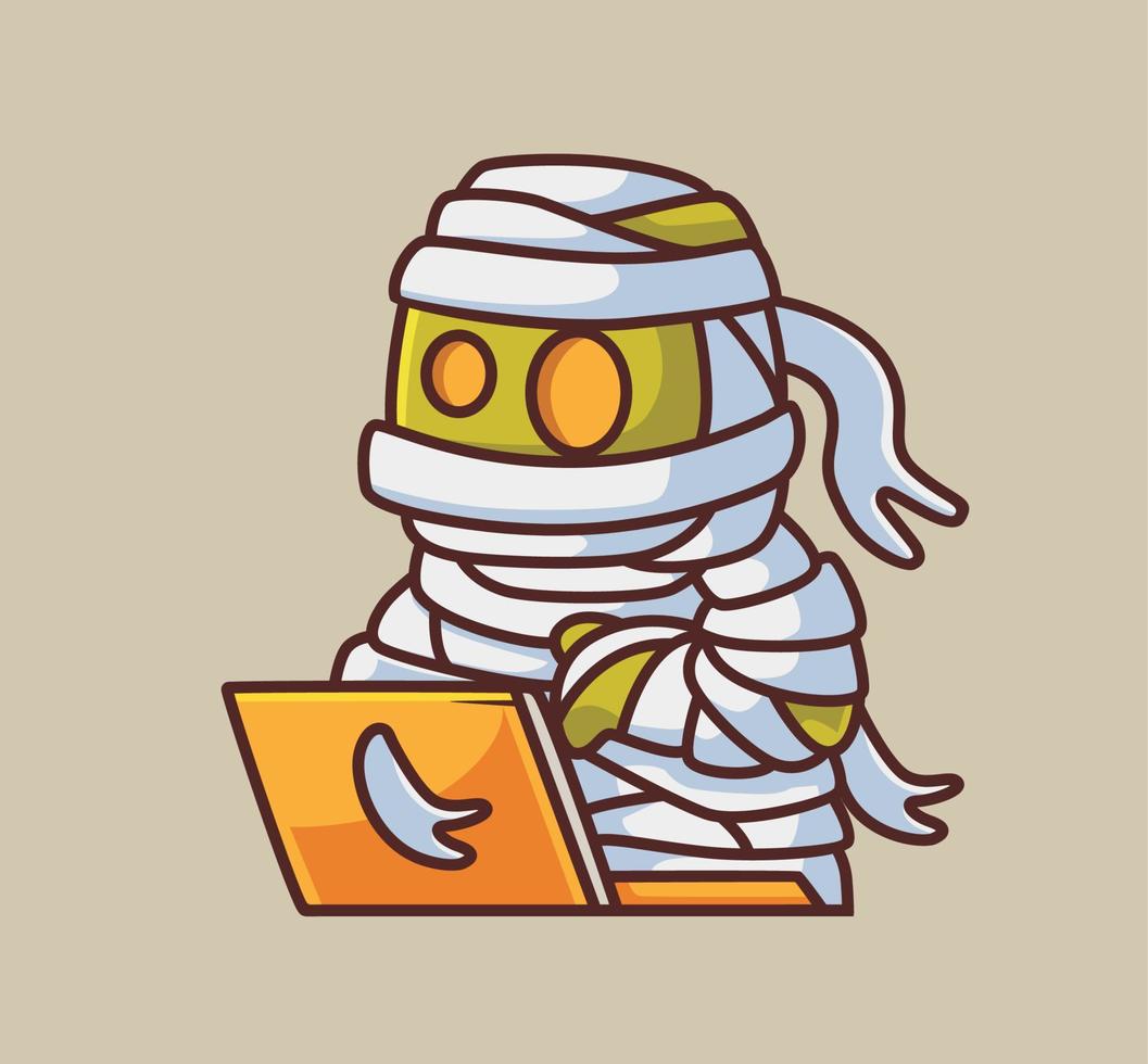 mignon momie zombie egypte hacker. illustration d'halloween de dessin animé isolé. style plat adapté au vecteur de logo premium de conception d'icône d'autocollant. personnage mascotte