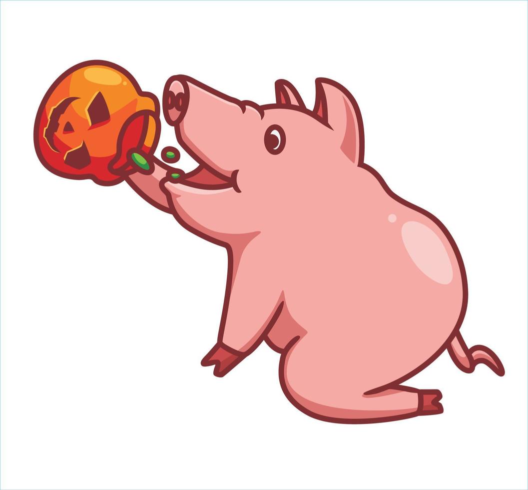 cochon mignon mangeant de la citrouille de nourriture. illustration d'halloween animal de dessin animé isolé. style plat adapté au vecteur de logo premium de conception d'icône d'autocollant. personnage mascotte