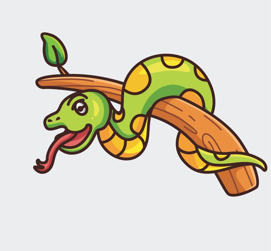 serpent mignon allongé sur une branche d'arbre. illustration isolée de concept de nature animale de dessin animé. style plat adapté au vecteur de logo premium de conception d'icône d'autocollant. personnage mascotte