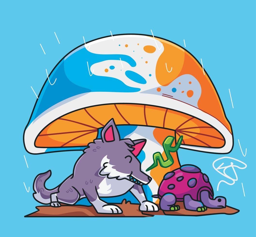 le loup et la tortue mignons s'abritent sous un grand parapluie champignon. illustration animale isolée. vecteur premium d'icône d'autocollant de style plat