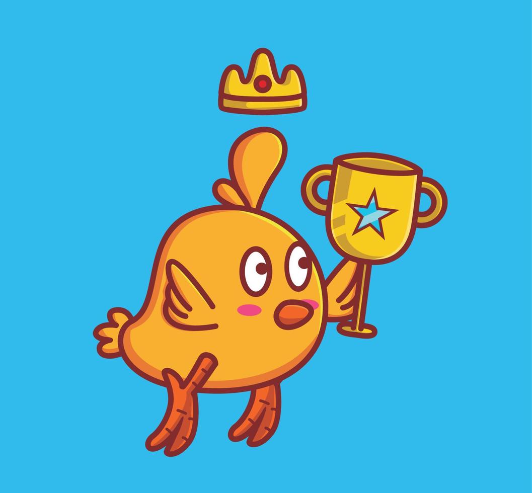 des poussins mignons apportent un trophée et une couronne. icône d'illustration de style dessin animé plat animal mascotte de logo vectoriel premium adapté au caractère de bannière de conception web