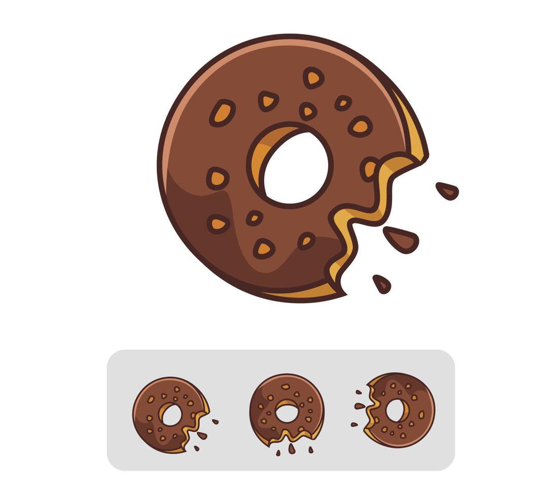 les beignets de dessin animé définissent le goût du chocolat avec des noix de garniture obtiennent une bouche de marque de morsure. nourriture et boisson dessin animé style plat icône illustration logo vectoriel premium