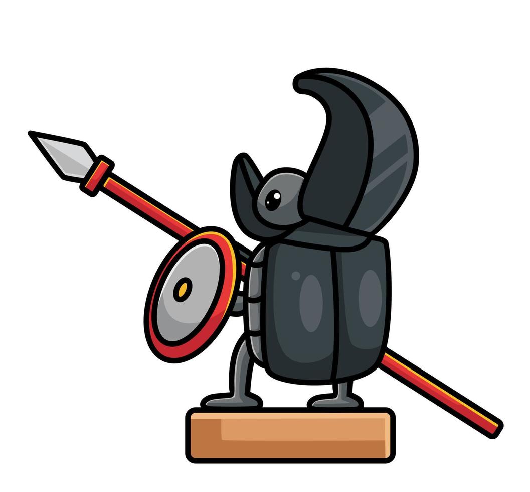 un mignon soldat scarabée rhinocéros apporte une lance de bouclier. illustration isolée de concept de travail d'animal de dessin animé. style plat adapté au vecteur de logo premium de conception d'icône d'autocollant. personnage mascotte