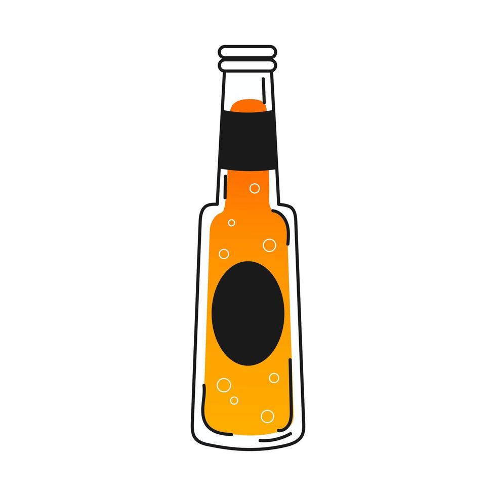 bouteille de bière dans un style dessiné à la main avec des bulles sur fond blanc, élément de brasserie dans les couleurs noir et jaune, clipart de style dessin animé pour la fête de la bière, icône pour l'alcool vecteur