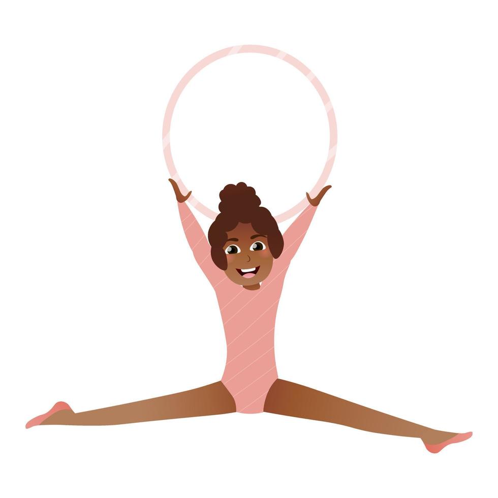 jolie fille africaine jouant avec cerceau, petite gymnaste faisant de la ficelle, se préparant à la compétition, passant du temps avec plaisir, activité sportive pour enfants en style dessin animé sur fond blanc vecteur