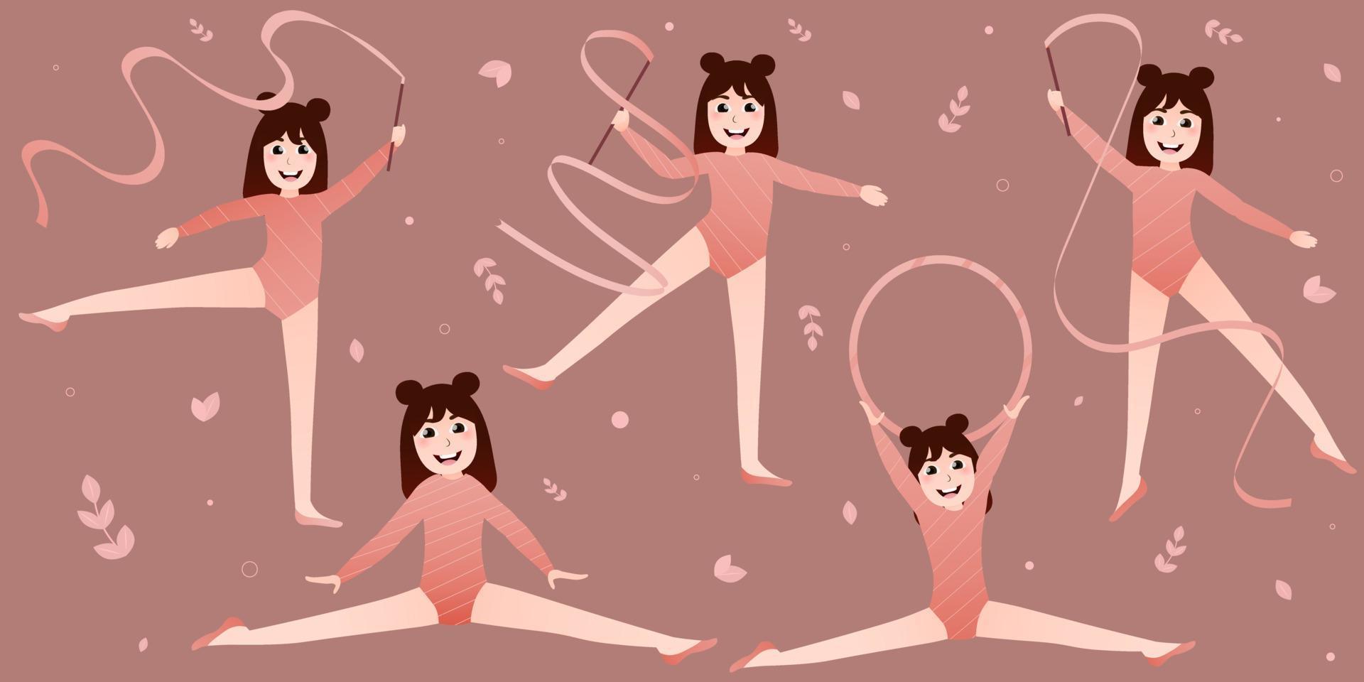 bannière pour site web avec de petites gymnastes et ballerines mignonnes, un mode de vie sain et des activités sportives pour les écolières vecteur