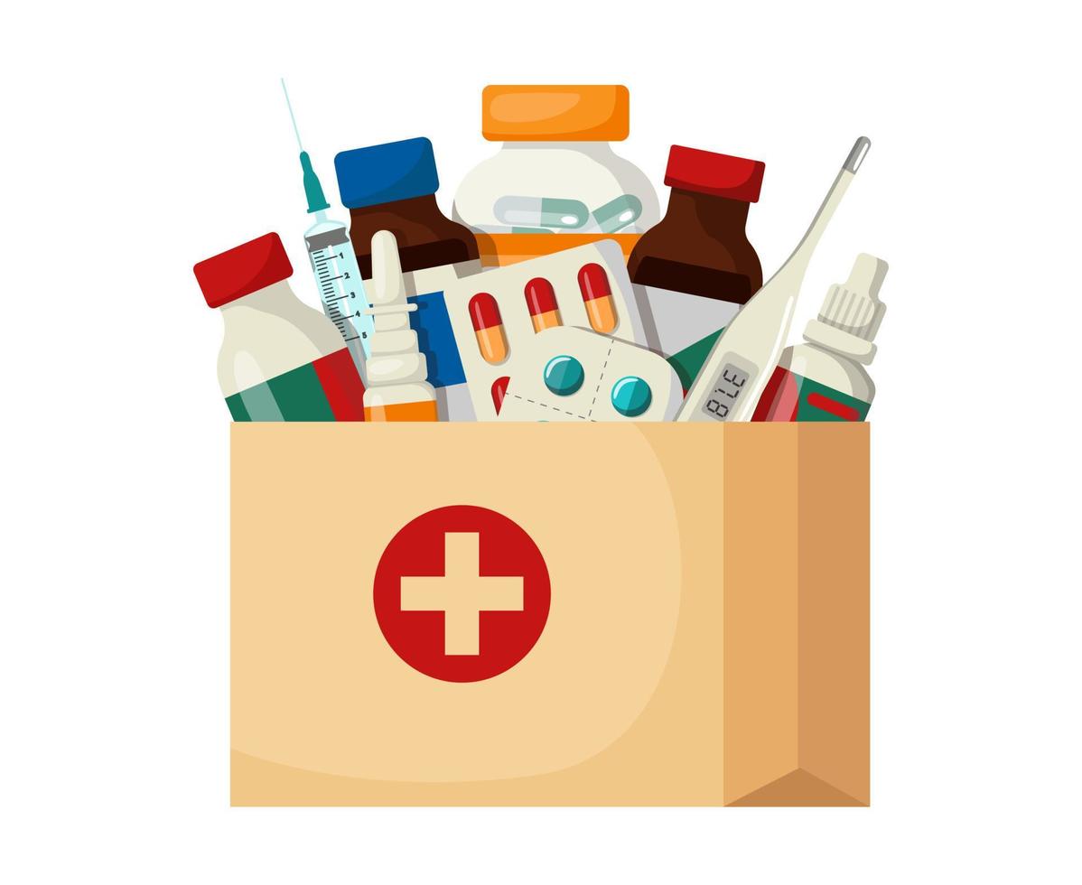 livraison de médicaments à domicile. fournitures médicales dans un sac en papier. illustration vectorielle en style cartoon. vecteur