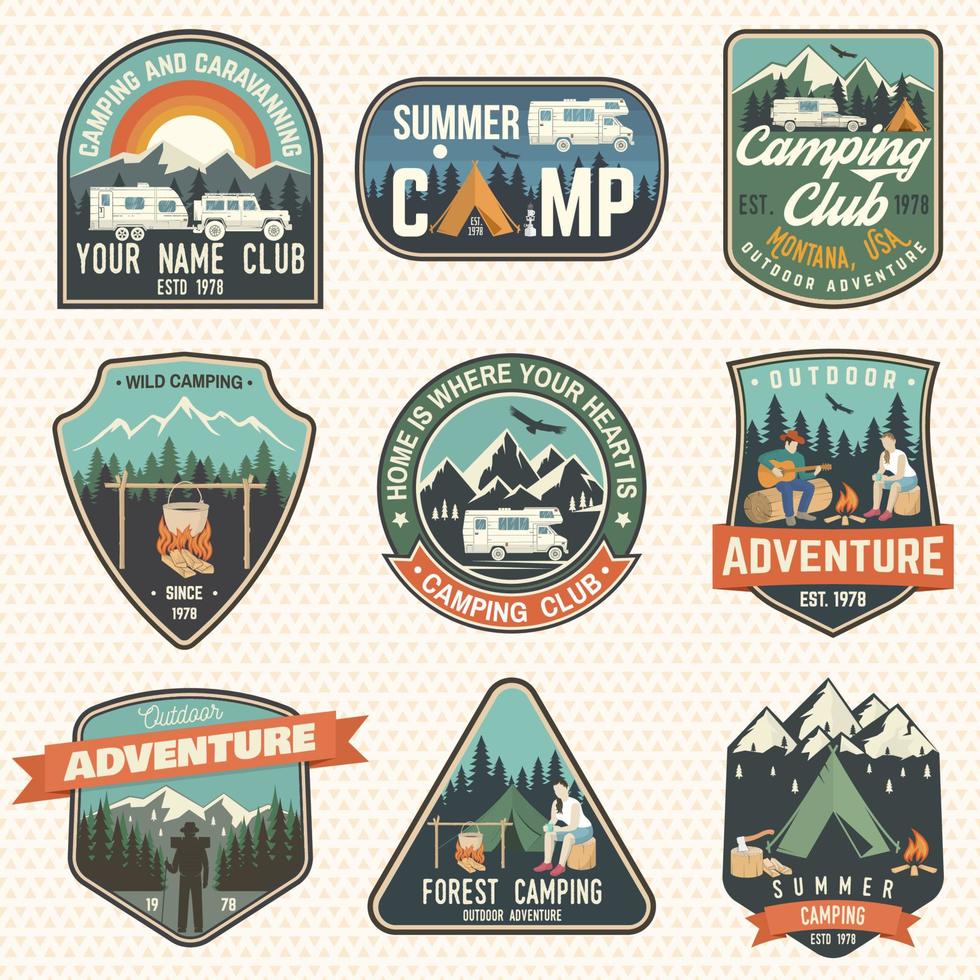 ensemble de badges de camp d'été. vecteur. concept pour chemise ou logo, impression, timbre, patch ou tee. vecteur