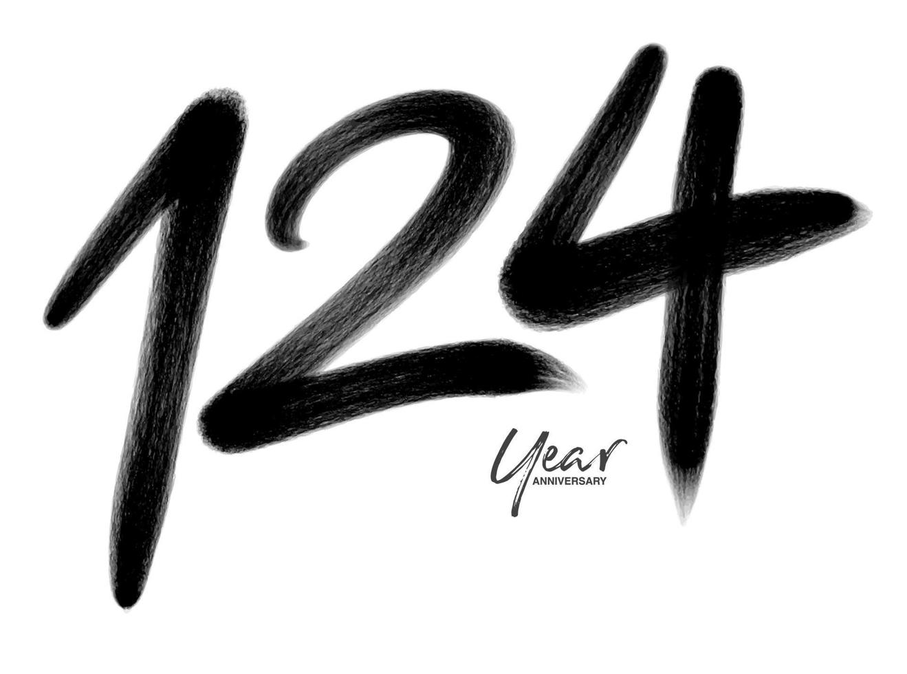 Modèle vectoriel de célébration d'anniversaire de 124 ans, création de logo de 124 numéros, 124e anniversaire, numéros de lettrage noir brosse dessin croquis dessiné à la main, illustration vectorielle de numéro de conception de logo