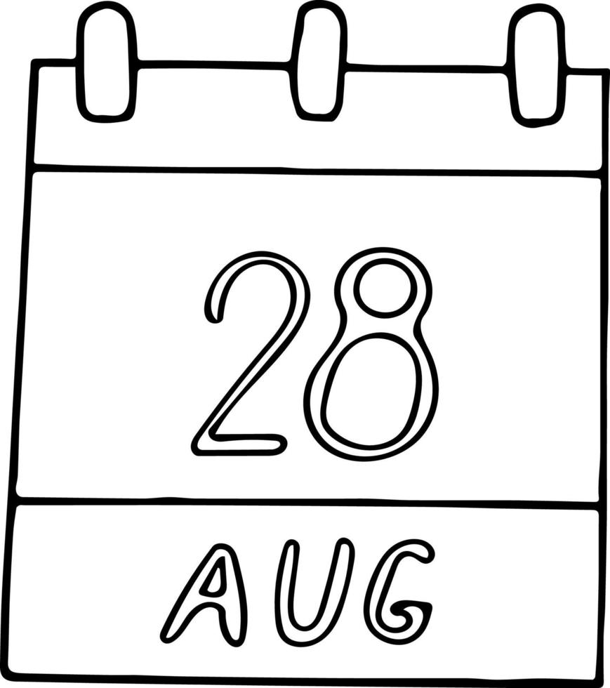 calendrier dessiné à la main dans un style doodle. 28 août. jour, date. icône, élément autocollant pour la conception. planification, vacances d'affaires vecteur
