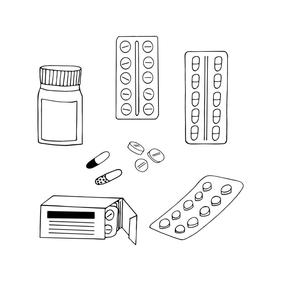 ensemble de pilules doodle dessiné à la main. , scandinave, nordique, minimalisme, icône monochrome médicaments médecine vitamines capsules vecteur