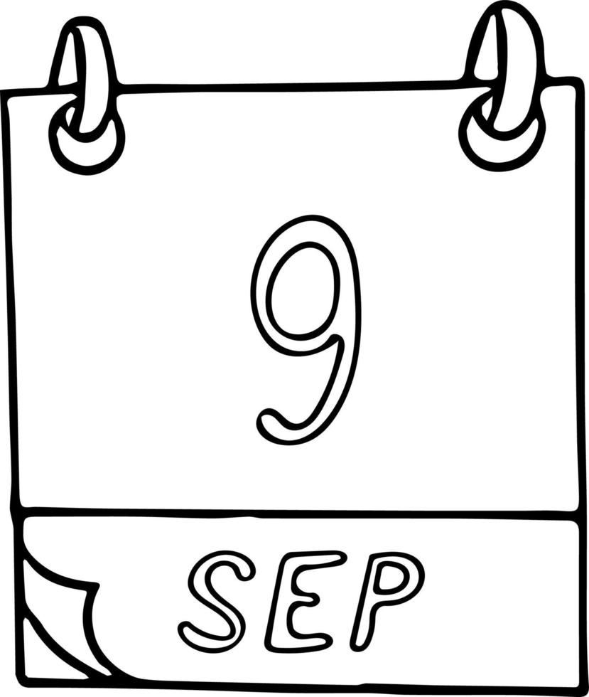 calendrier dessiné à la main dans un style doodle. 9 septembre. journée internationale de la beauté, date. icône, élément autocollant pour la conception. planification, vacances d'affaires vecteur