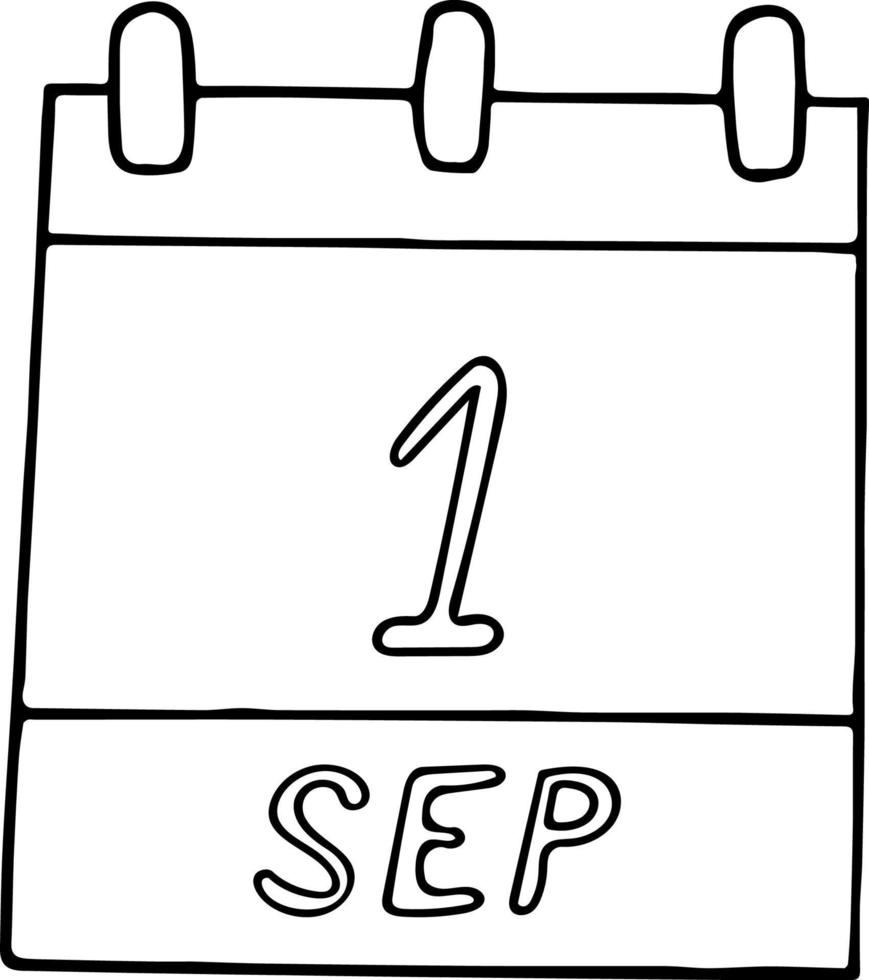 calendrier dessiné à la main dans un style doodle. 1er septembre. journée de la connaissance, école, première cloche, date. icône, élément autocollant pour la conception. planification, vacances d'affaires vecteur