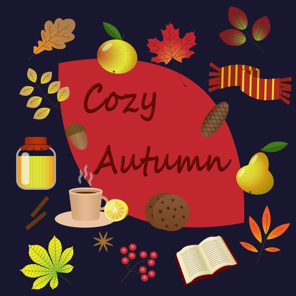 bannière d'automne. automne douillet. feuilles d'automne, thé chaud, miel et biscuits sur fond bleu. illustration de vecteur de dessin animé.