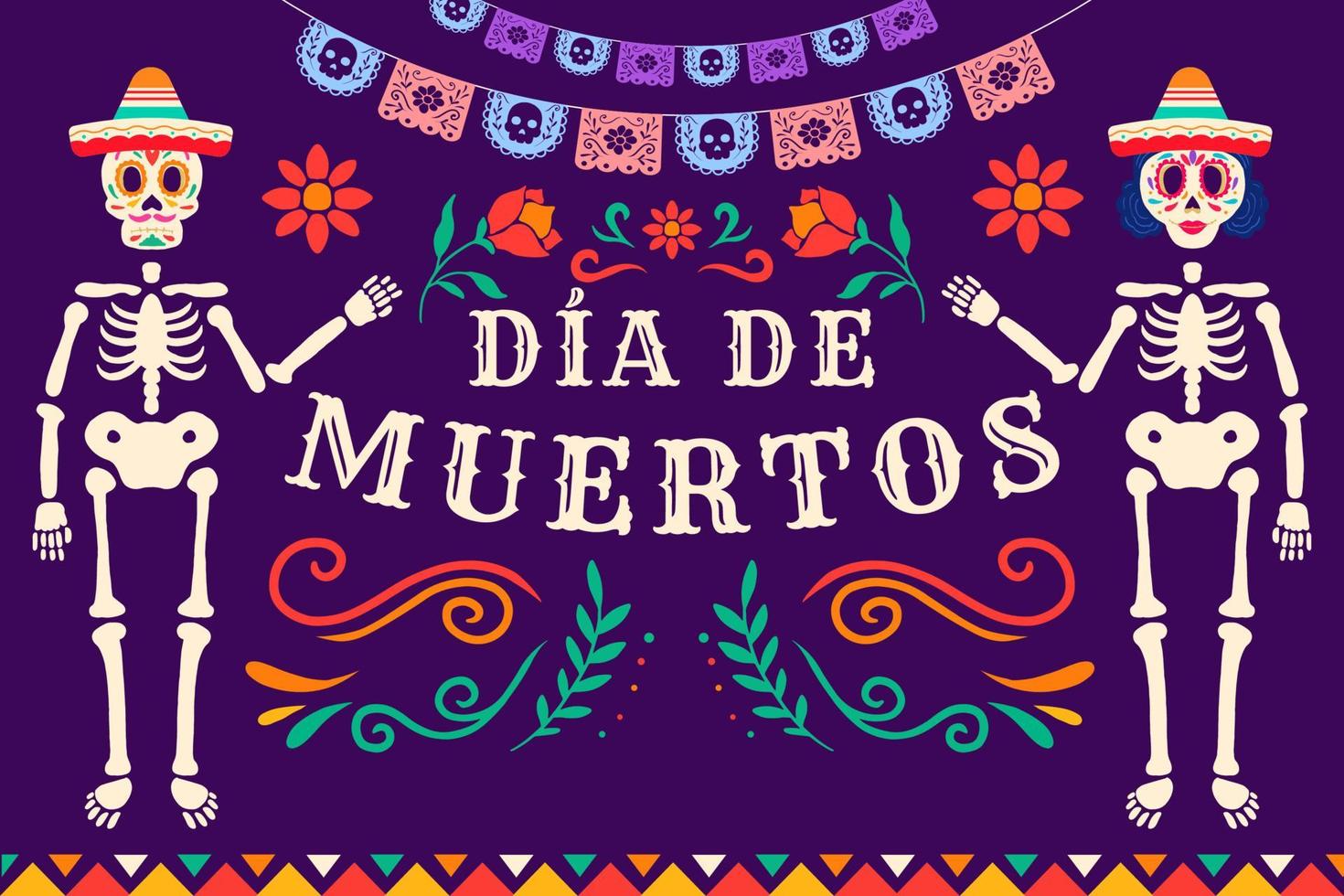 illustration de fond plat dia de muertos avec squelette femmes et hommes utilisés chapeau sombrero vecteur