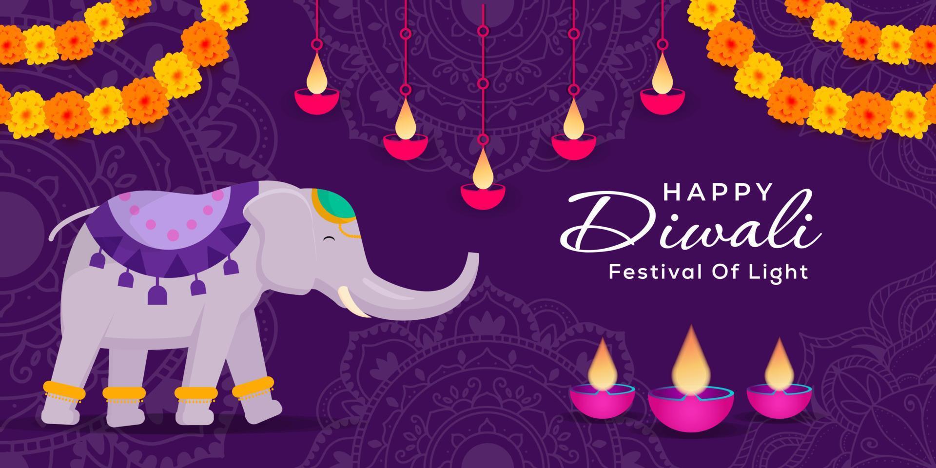 bannière d'illustration du festival de diwali avec un éléphant, des fleurs et une diya vecteur