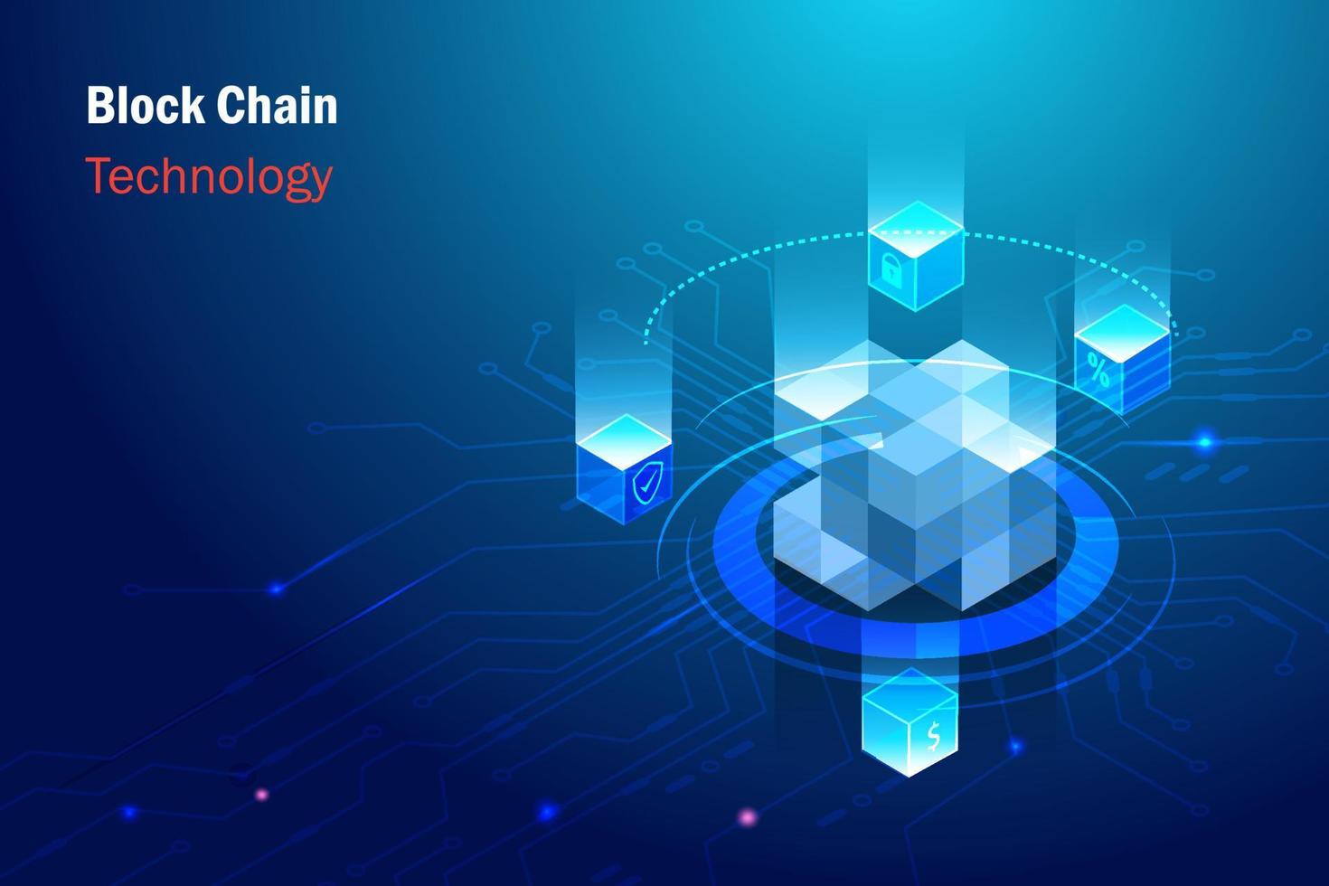 technologie de chaîne de blocs reliant le cube numérique au big data. échange en ligne et transfert d'informations commerciales sur la sécurité dans un contexte futuriste. vecteur