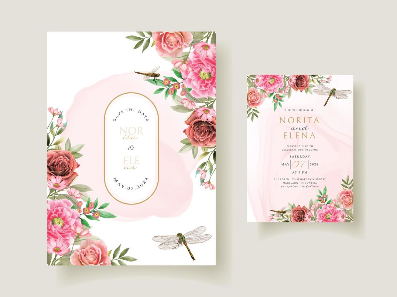 carte d'invitation de mariage aquarelle peinture florale et libellule vecteur