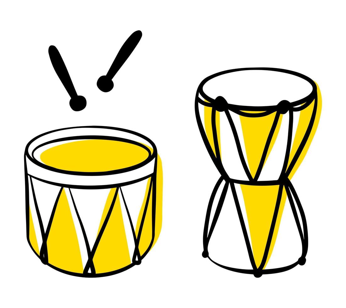 instrument de musique de contour de tambour, silhouette isolée vectorielle, icône de doodle simple dessinés à la main. vecteur