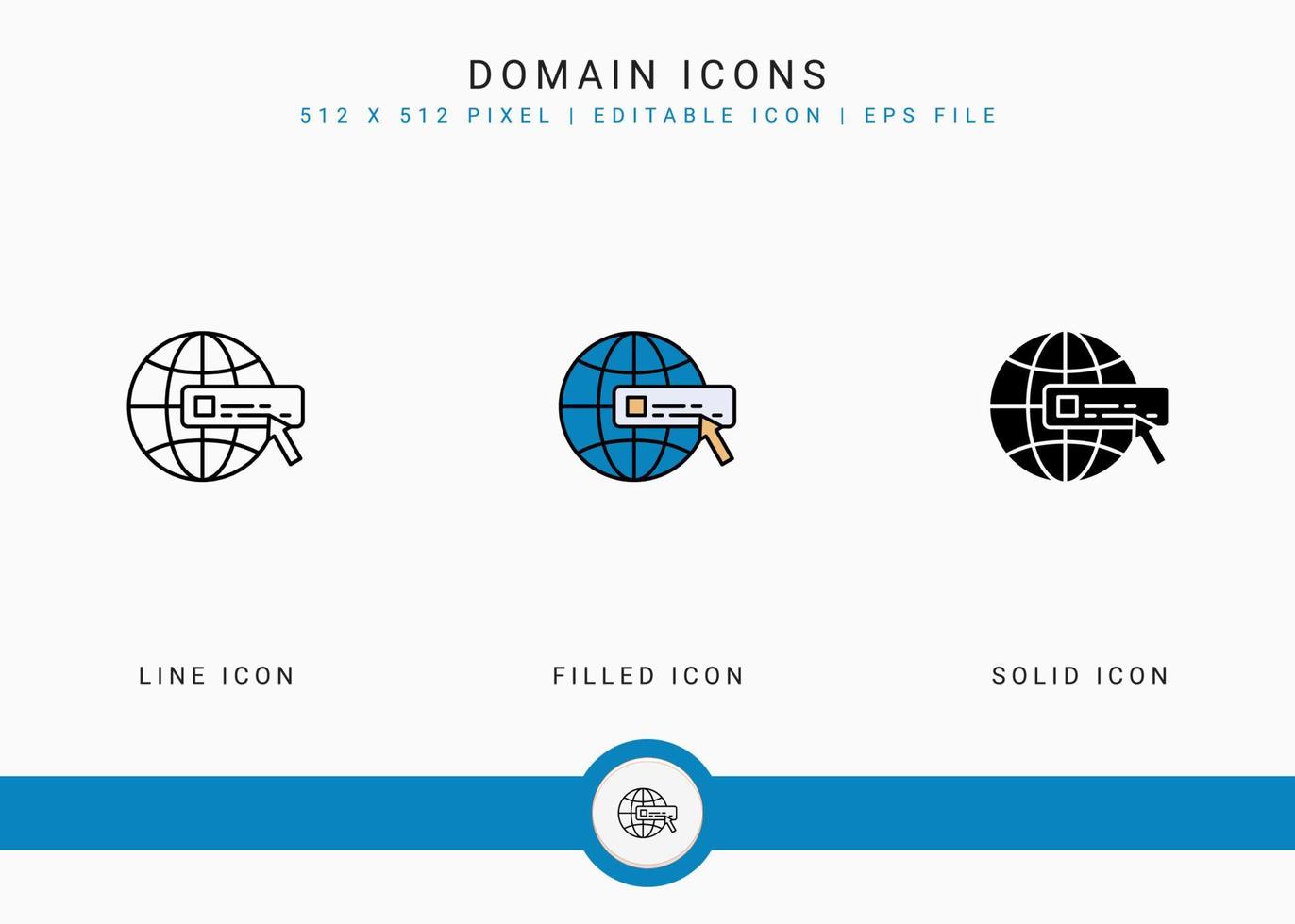 les icônes de domaine définissent une illustration vectorielle avec un style de ligne d'icône solide. concept d'adresse de site Web. icône de trait modifiable sur fond isolé pour la conception Web, l'interface utilisateur et l'application mobile vecteur