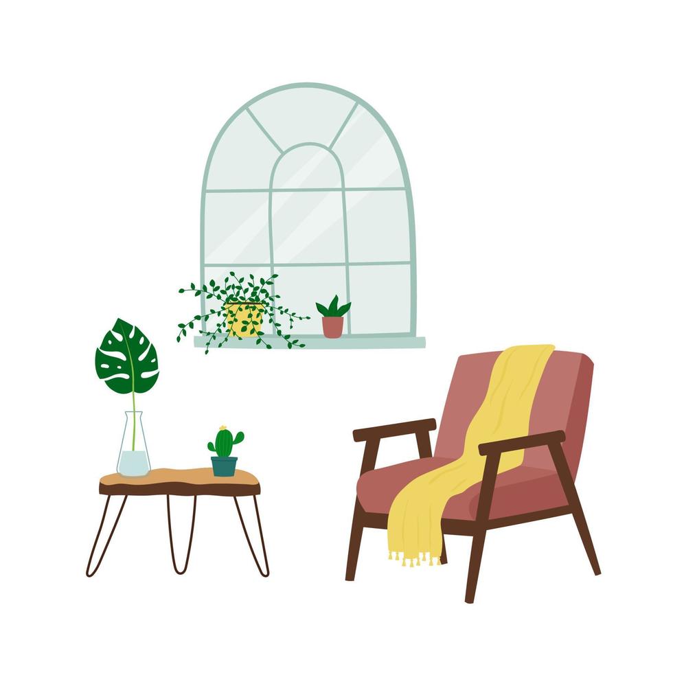 design d'intérieur du salon avec fauteuil, fenêtre, table et plantes d'intérieur. composition tendance avec des décorations pour la maison. vecteur