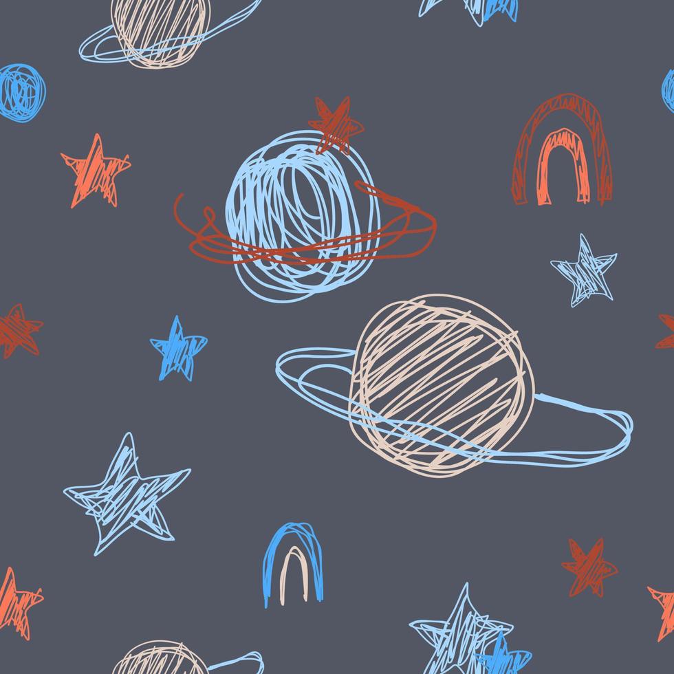 motif mignon avec des planètes colorées, des étoiles dans l'espace. cosmos de doodle bleu pastel. textiles pour bébé, scrapbooking papier, enfants. vecteur