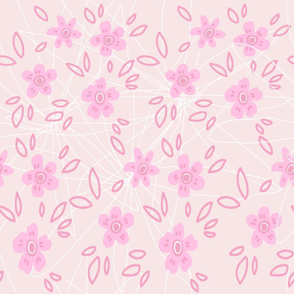 doodle géométrique de ligne blanche dessinée à la main, fond d'écran sans soudure pastel rose. fleurs vectorielles mignonnes, motif de pétales pour papier, textile en tissu, maison, enfants. vecteur