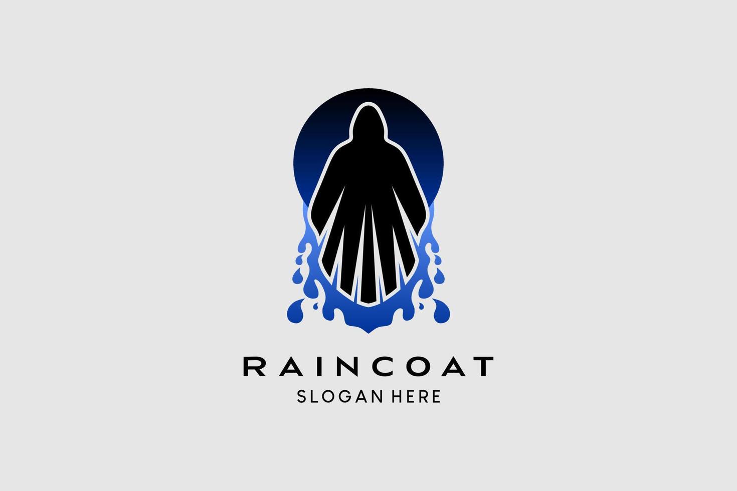 la conception du logo de la veste de pluie avec un élément d'eau se marie avec la silhouette de la personne ou du manteau. illustration de logo vectoriel haut de gamme