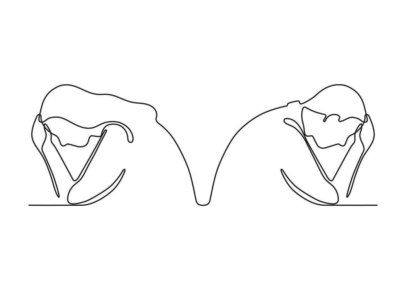crise dans le contour des relations familiales, querelle de couple, dessin continu d'une ligne. désaccord, trouble. un homme et une femme tristes s'assoient l'un à l'autre. conflit entre mari et femme. vecteur