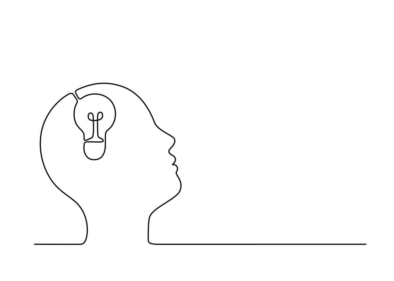 l'homme pense cerveau et idée d'imagination avec ampoule dans la tête, dessin continu d'une seule ligne. pouvoir penser, créatif, solution, succès, concept d'éducation. contour de vecteur