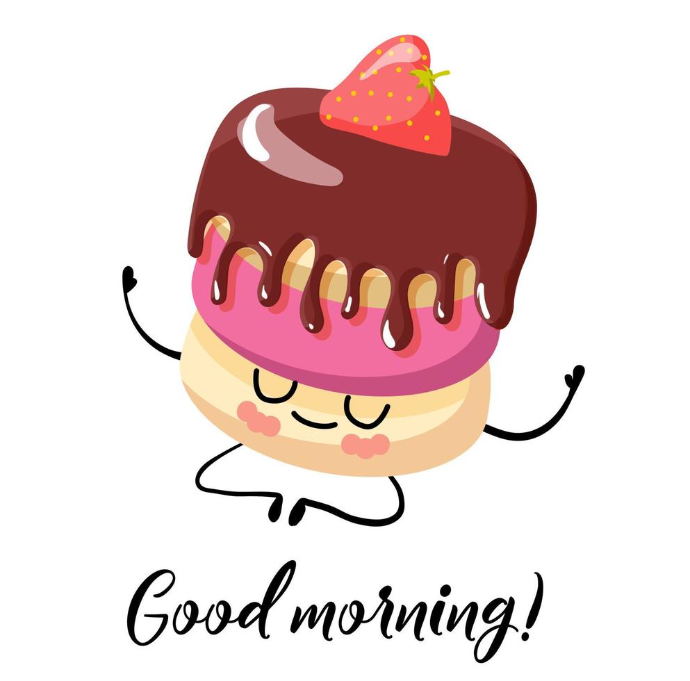 Bonjour. carte postale. petit gâteau avec glaçage au chocolat. personnage de dessin animé mignon sur fond blanc. vecteur