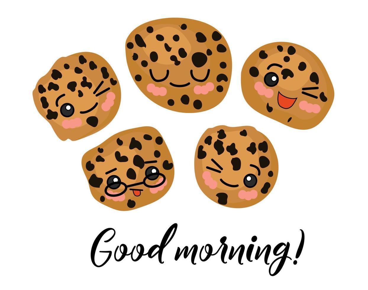 Bonjour. carte postale du matin. biscuits au thé à l'avoine avec raisins secs et chocolat. personnages mignons vecteur
