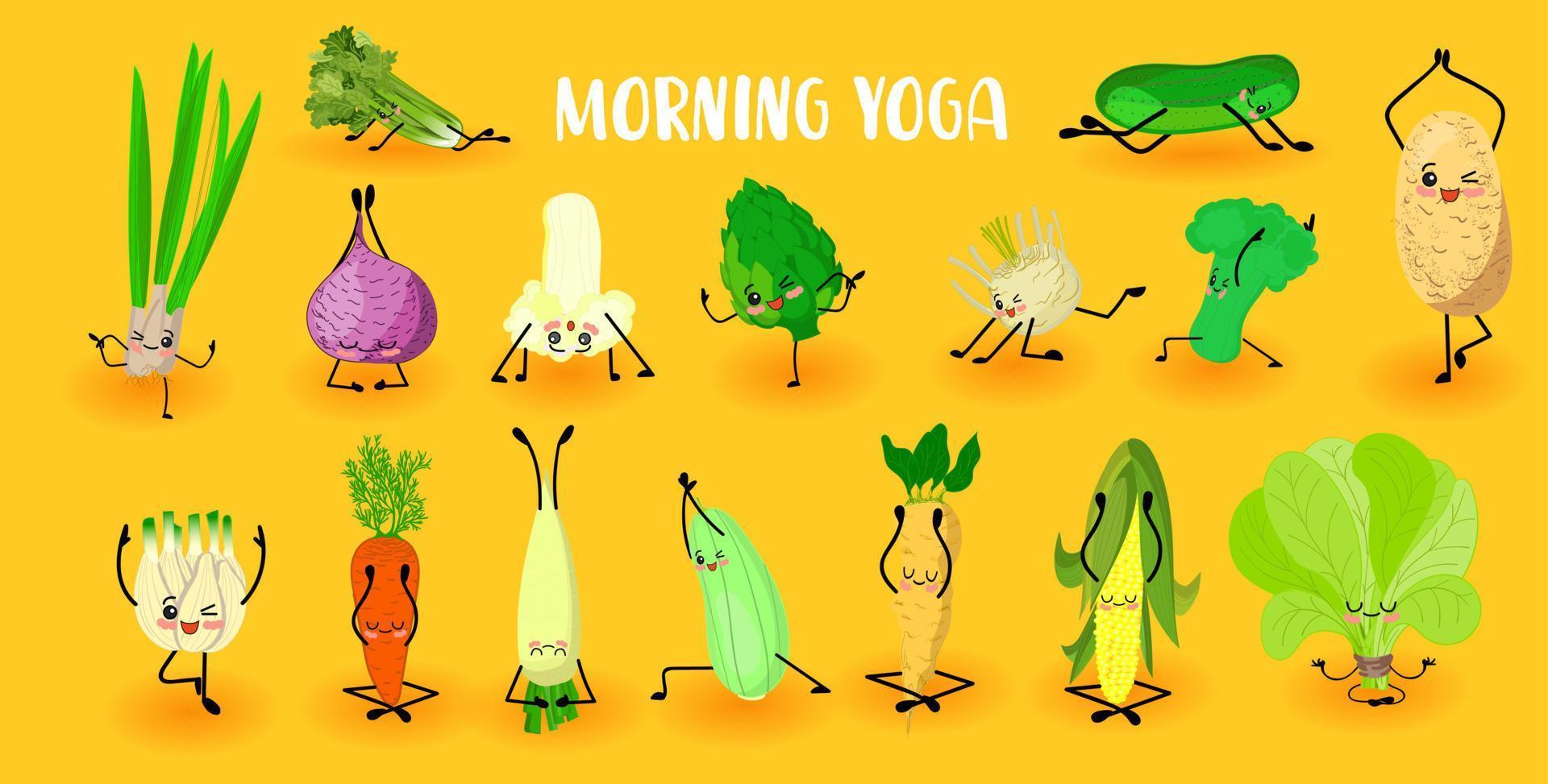 légumes de yoga. mode de vie sain. sport et végétarisme. grande collection de personnages de légumes vecteur