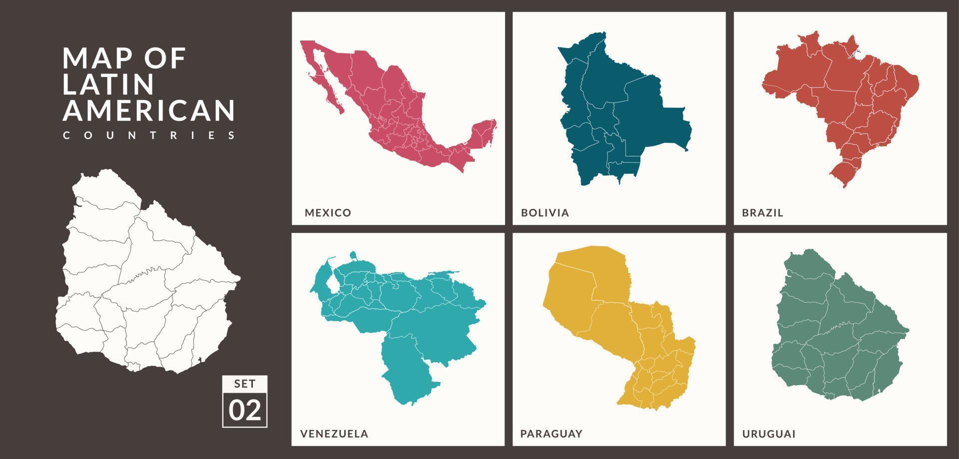 cartes des pays d'amérique latine mexique, bolivie, brésil, venezuela, paraguay, uruguay, illustration vectorielle. vecteur
