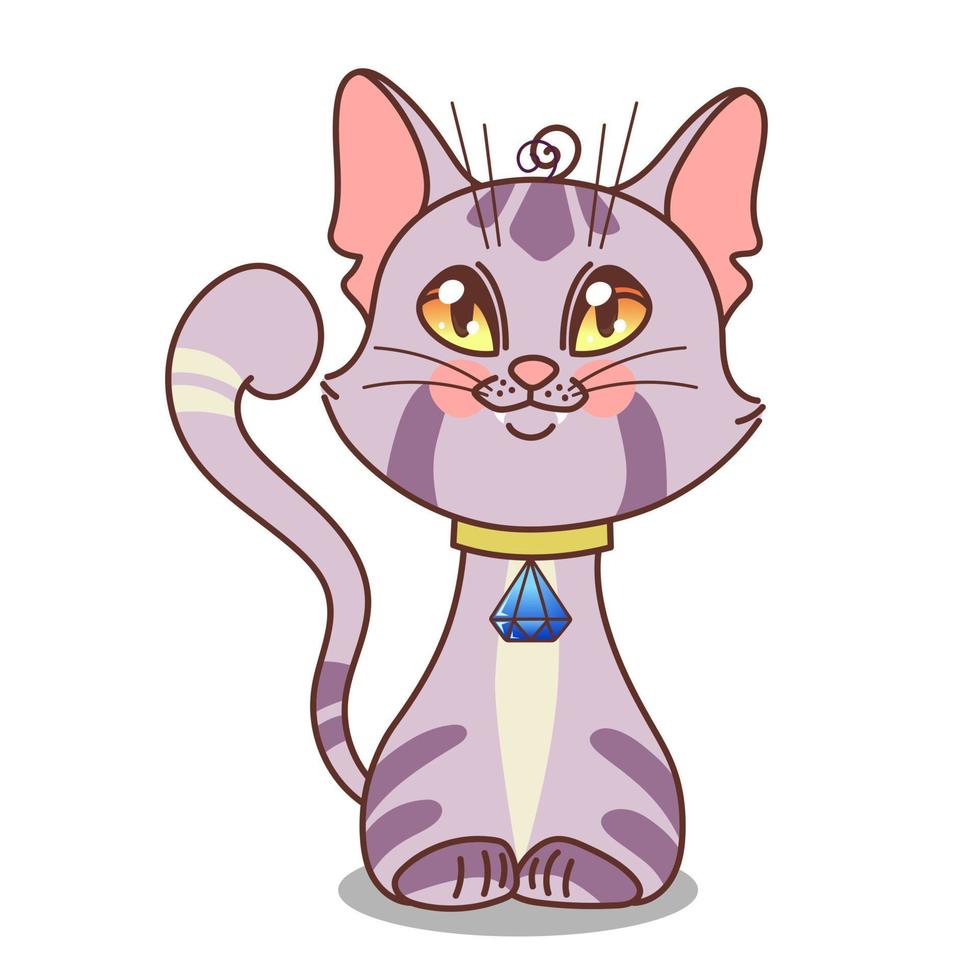 chat gris en style cartoon. personnage kawaï. animal de compagnie portant un collier avec un cristal. illustration vectorielle isolée sur fond blanc. vecteur
