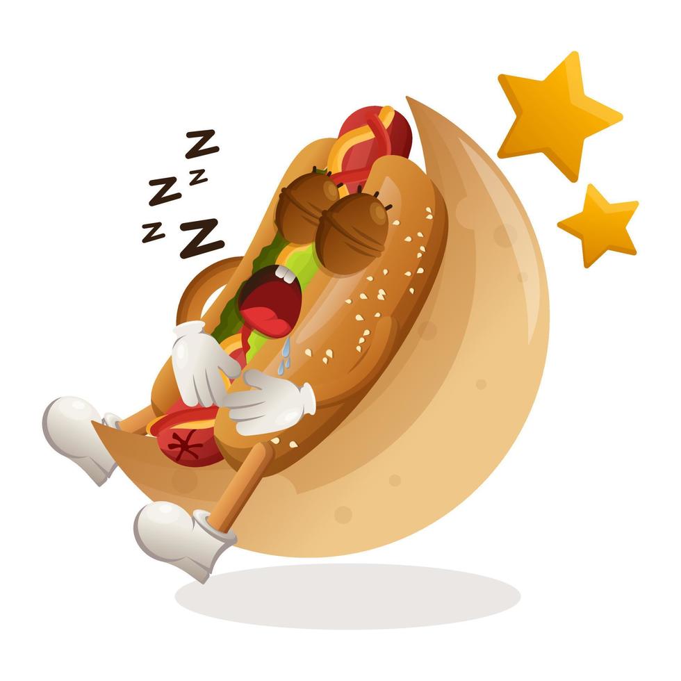 adorable mascotte de hot-dog qui dort, dort sur la lune vecteur