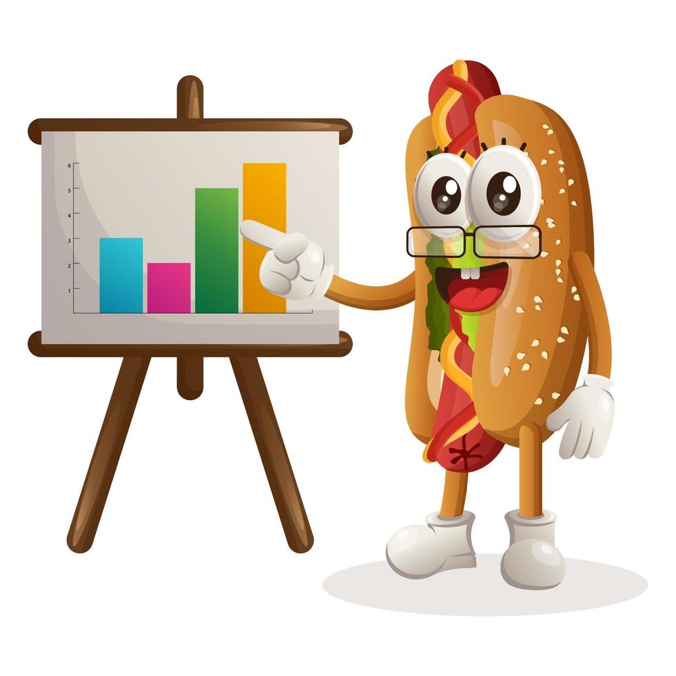 la mascotte mignonne de hot-dog donne une présentation de rapport, montre des graphiques de colonne vecteur