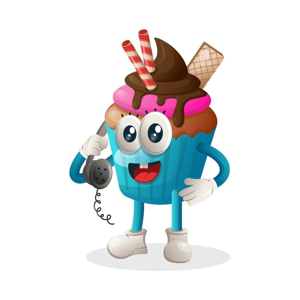 adorable mascotte de cupcake décrocher le téléphone, répondre aux appels téléphoniques vecteur